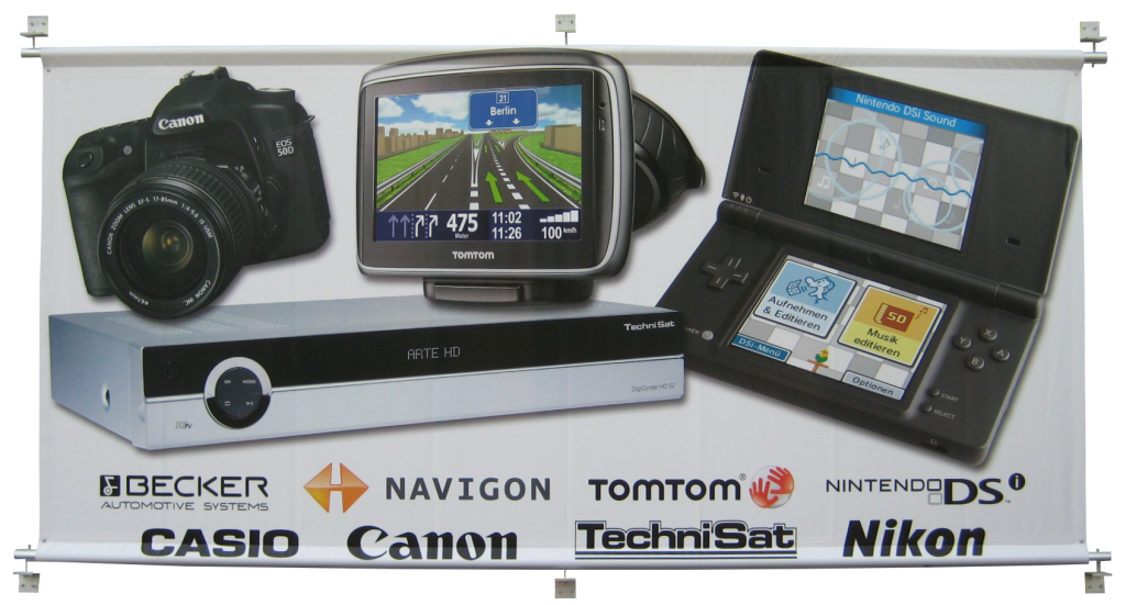 Banner-Wandhalterung aus Edelstahl.
Passt optisch perfekt zum WallOut. Banner ist mit Hohlsaum unten und oben versehen.